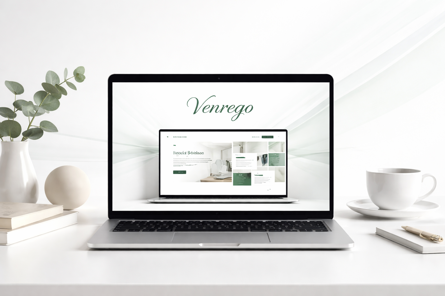 Laptop displaying a Venrego website redesign project on a minimalist desk