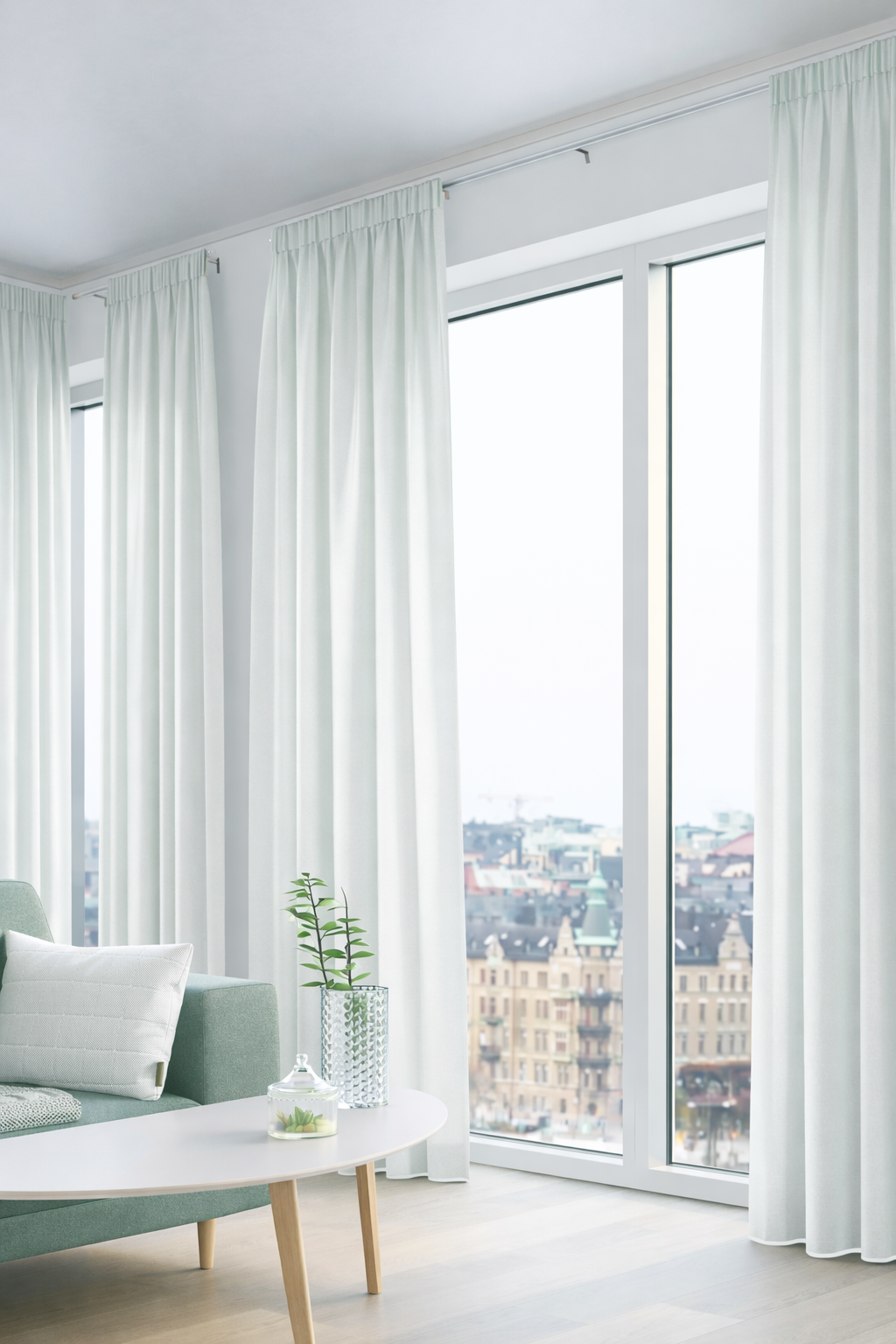 Bright minimalist living room with city view through floor-to-ceiling windows