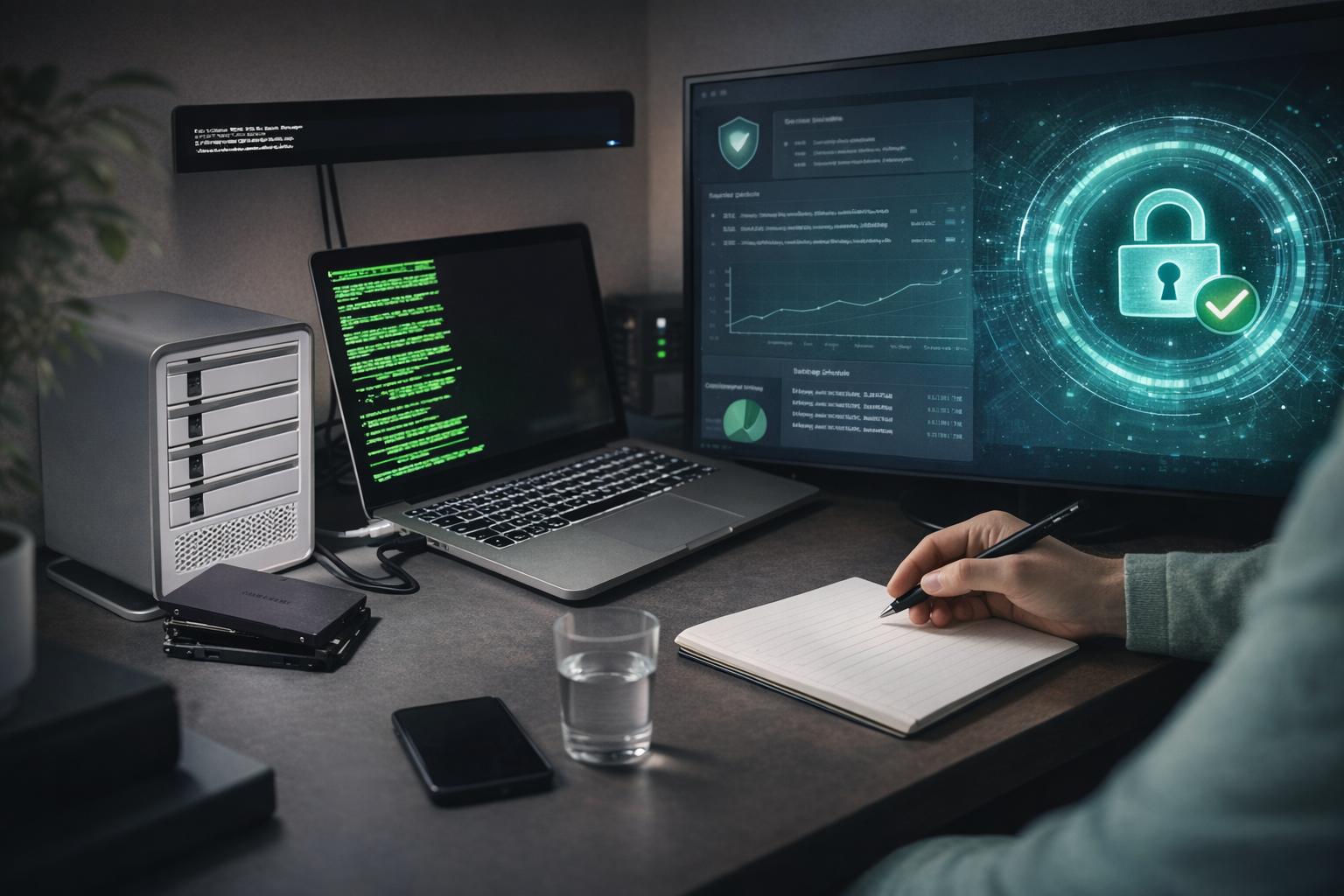 Developer monitoring website security and server performance on multiple screens