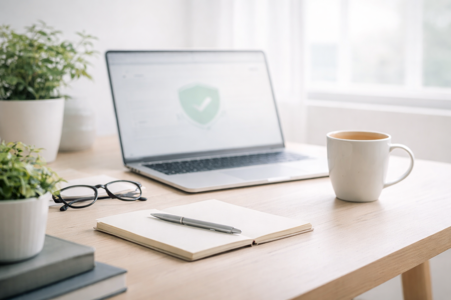 Laptop showing a security shield on a clean desk with notebook and coffee